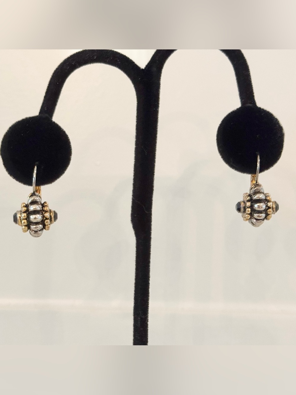 Two-Tone Silver and Gold Bead Drop Earrings Garnet Stones